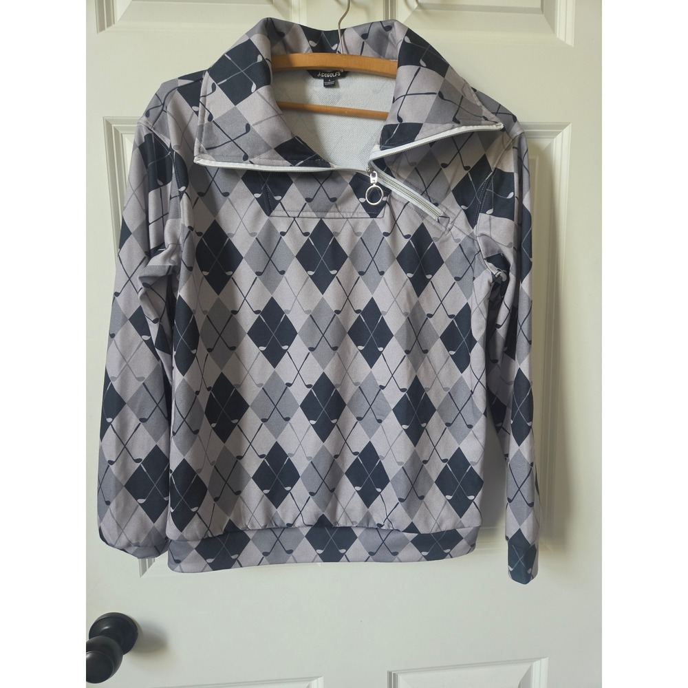 Acegolfs Womens Argyle Golf Club Print Quarter Zip Pullover Grey Black Small